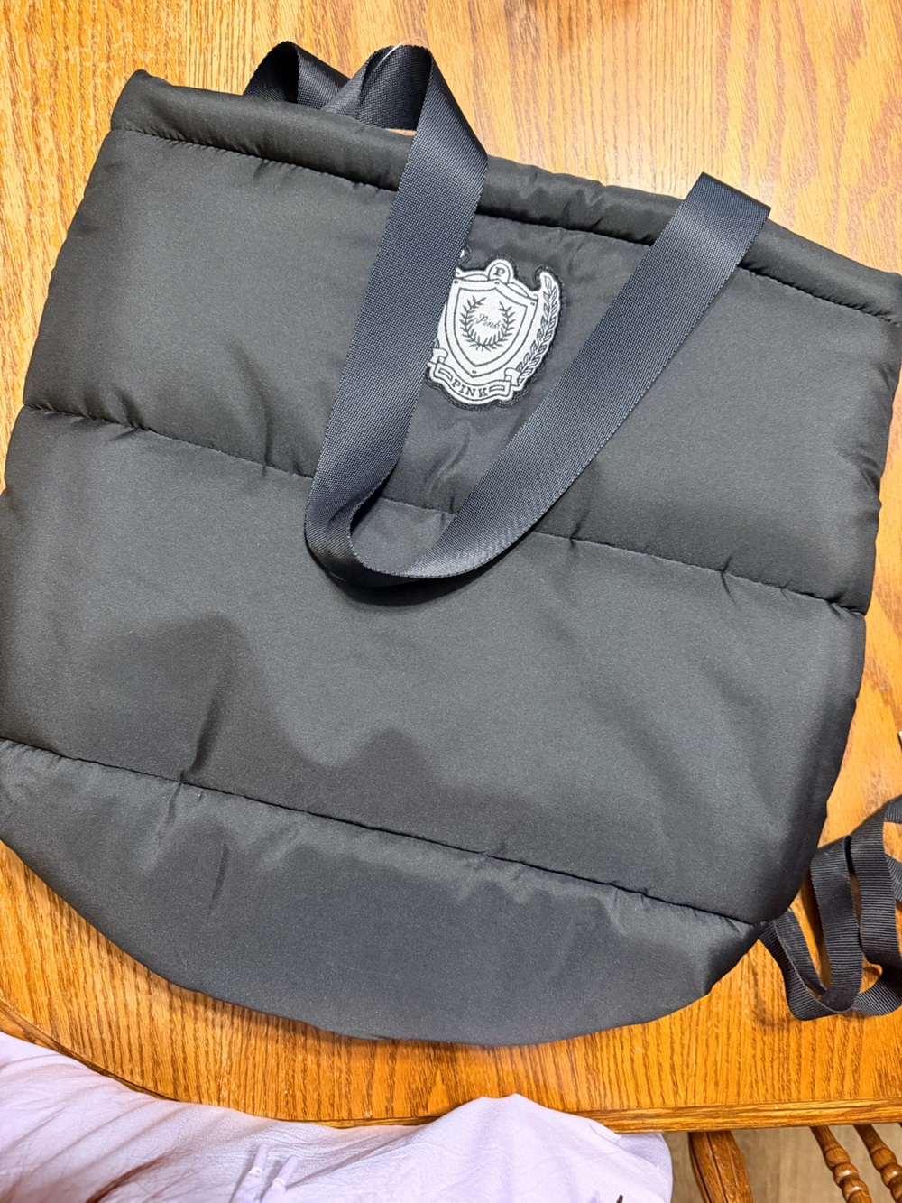 Pink Black Quilted Tote Bag with Crest Patch